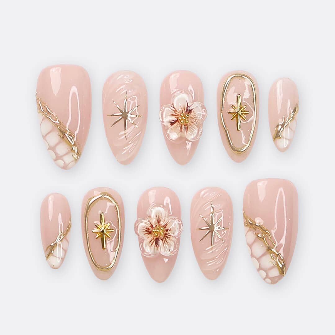Nude Blush Floral and Gold Celestial Press On Nails