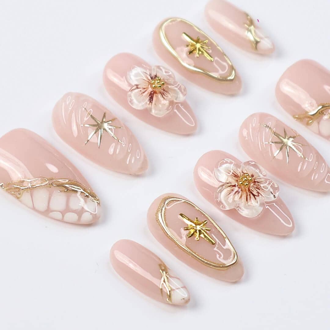 Nude Blush Floral and Gold Celestial Press On Nails