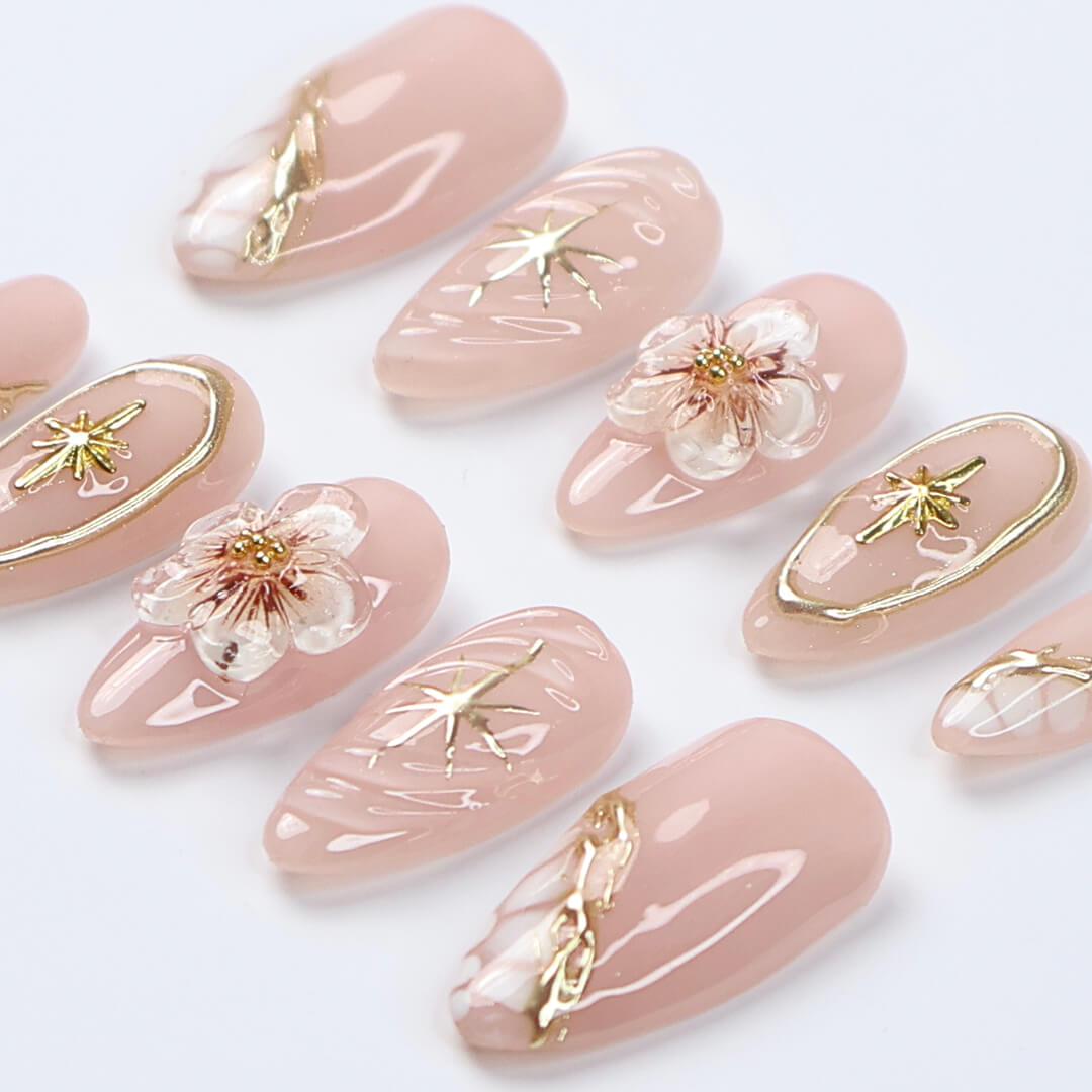 Nude Blush Floral and Gold Celestial Press On Nails