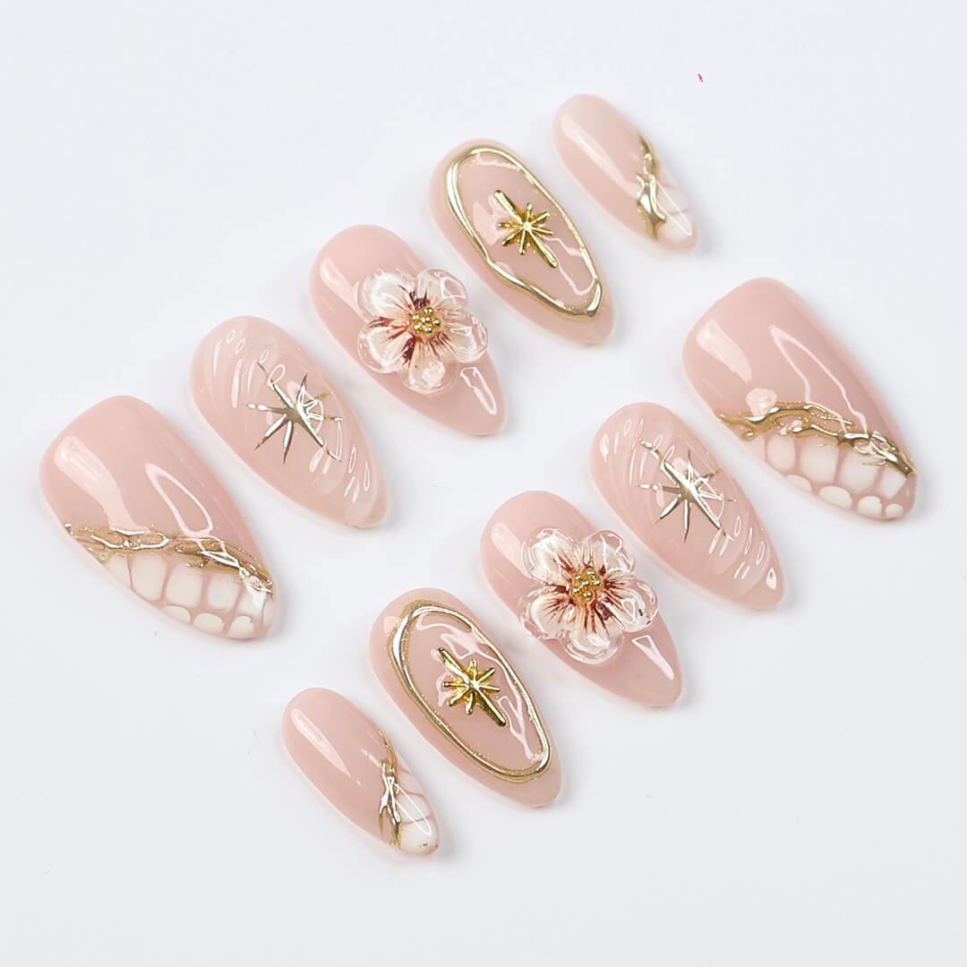 Nude Blush Floral and Gold Celestial Press On Nails
