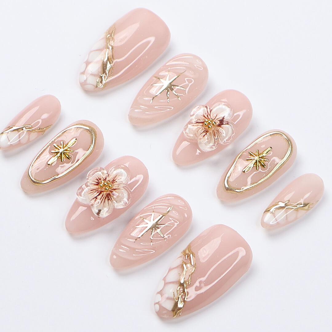 Nude Blush Floral and Gold Celestial Press On Nails
