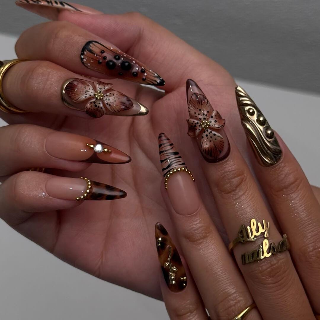 Autumn Animal Print Press On Nails with 3D Brown Flowers and Gold Details