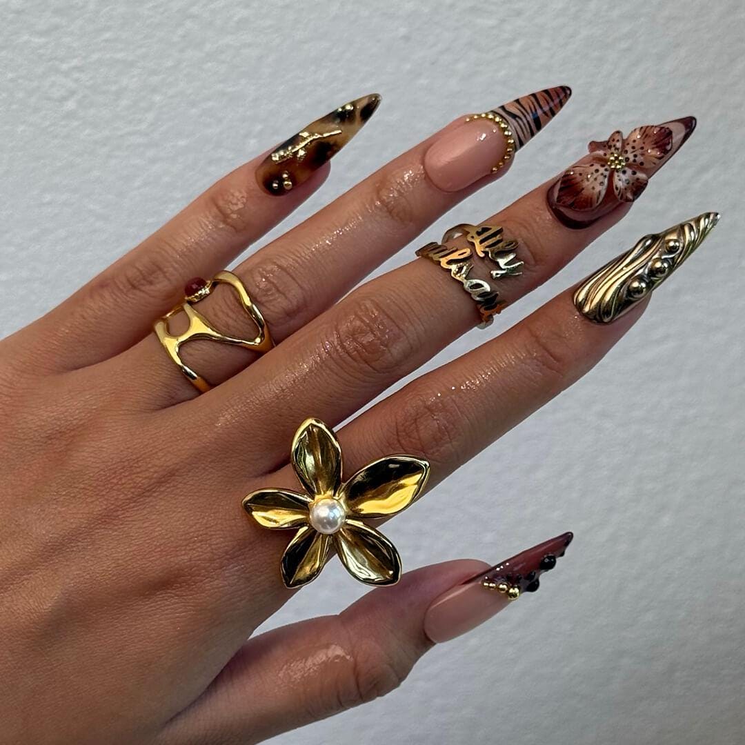 Autumn Animal Print Press On Nails with 3D Brown Flowers and Gold Details