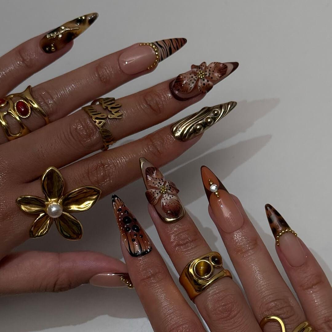 Autumn Animal Print Press On Nails with 3D Brown Flowers and Gold Details