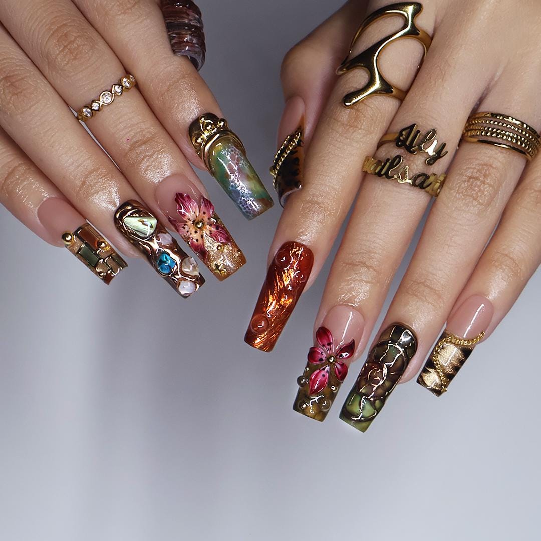 Autumn Olive, Burgundy & Gold 3D Floral Nails With Vintage-Inspired Details