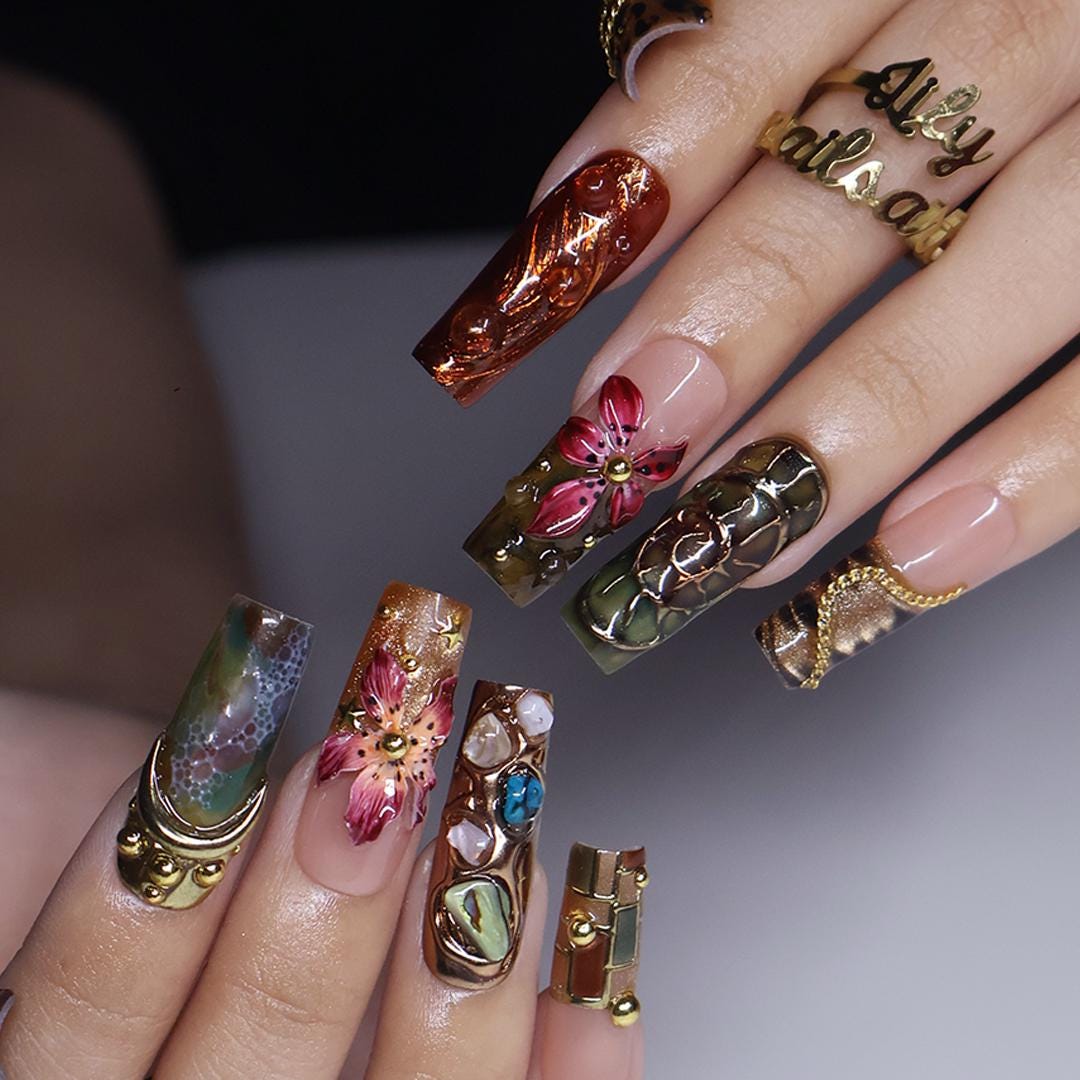 Autumn Olive, Burgundy & Gold 3D Floral Nails With Vintage-Inspired Details