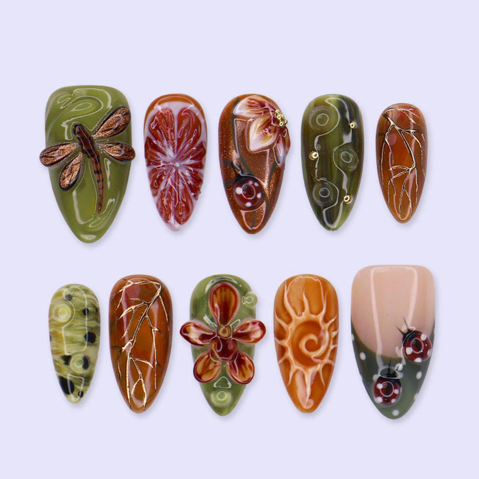 Olive Green and Amber Fall Botanical Press-On Nails With Raised Dragonfly and Ladybugs