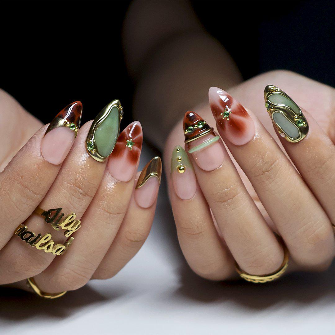 Fall Olive Green and Tortoiseshell Nails with Gold Frames and Gem Accents