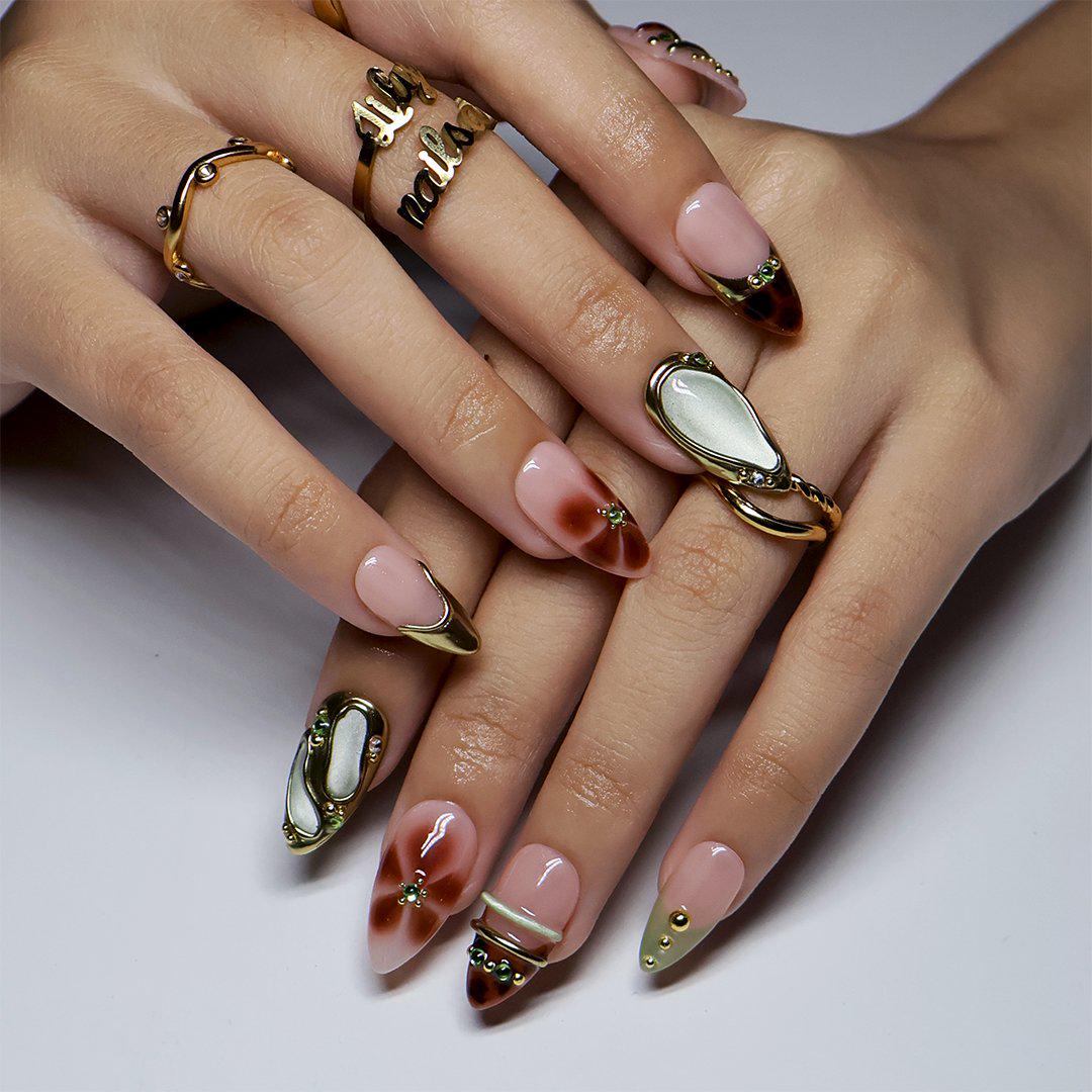 Fall Olive Green and Tortoiseshell Nails with Gold Frames and Gem Accents