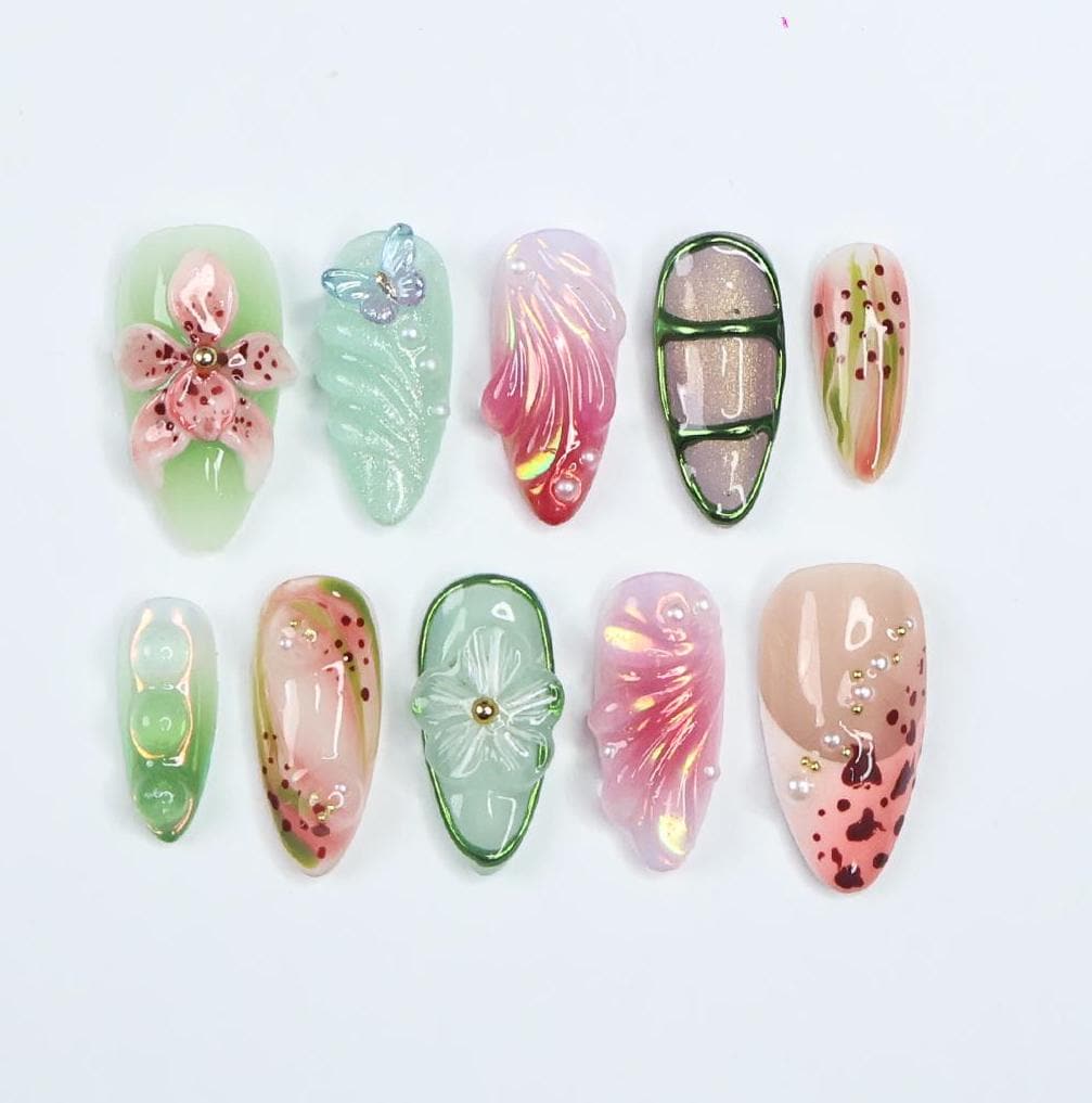 Pastel Floral Leaf Press On Nails With 3D Flowers, Butterfly and Rhinestones