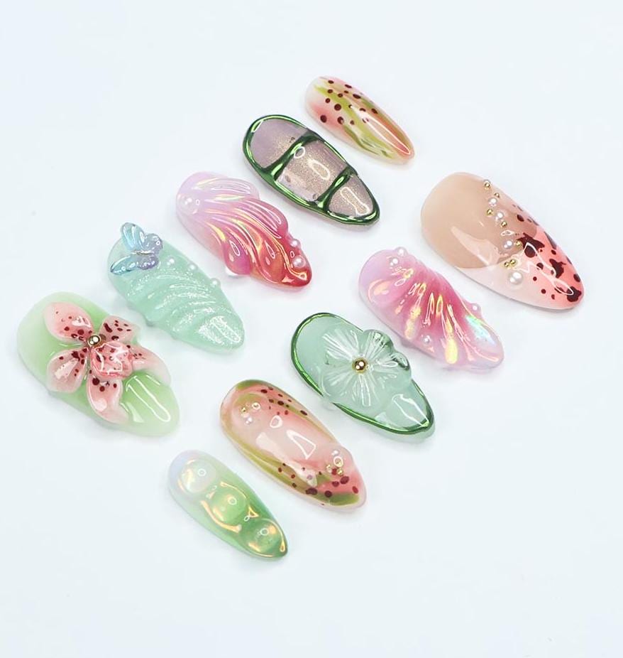 Pastel Floral Leaf Press On Nails With 3D Flowers, Butterfly and Rhinestones
