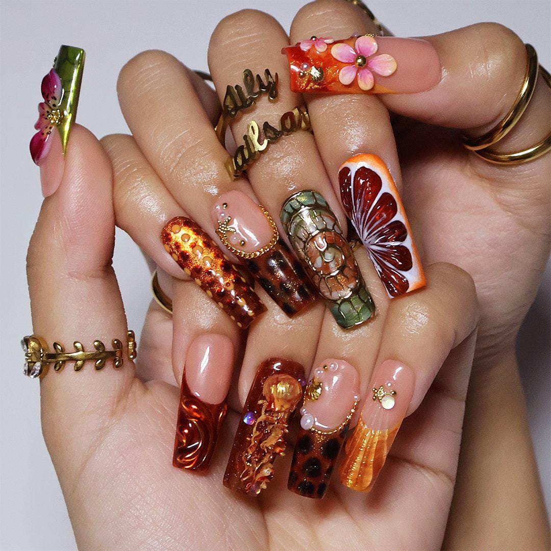 Peach Citrus and Tropical Floral Press On Nails for Vacation and Festivals
