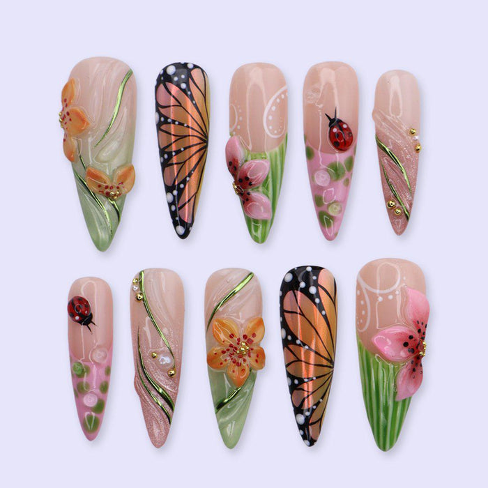 Butterfly Garden Press On Nails With 3D Flowers, Ladybugs & Gold Details