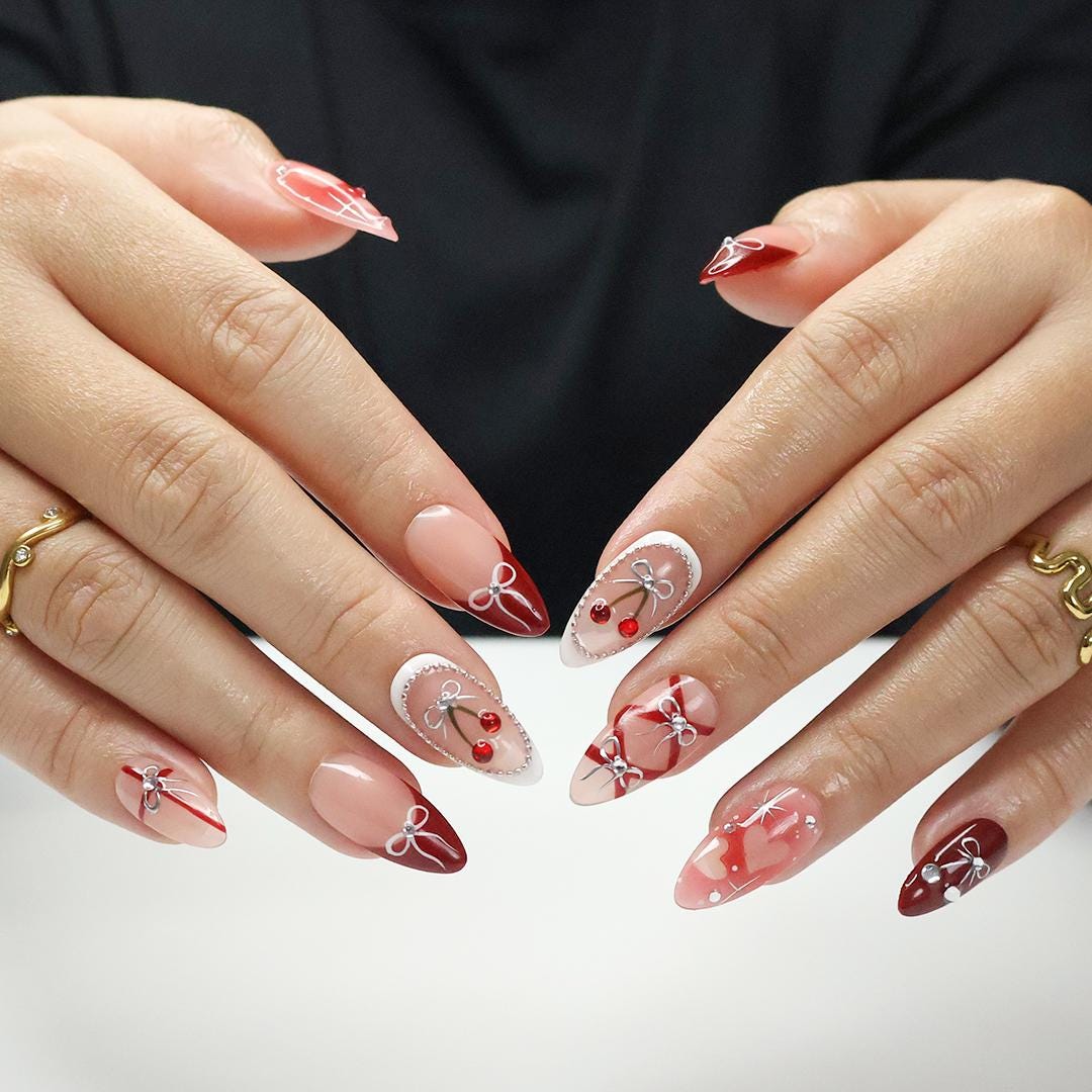 Blush Pink and Burgundy Cherry Nail Set with Silver Bows and Heart Details