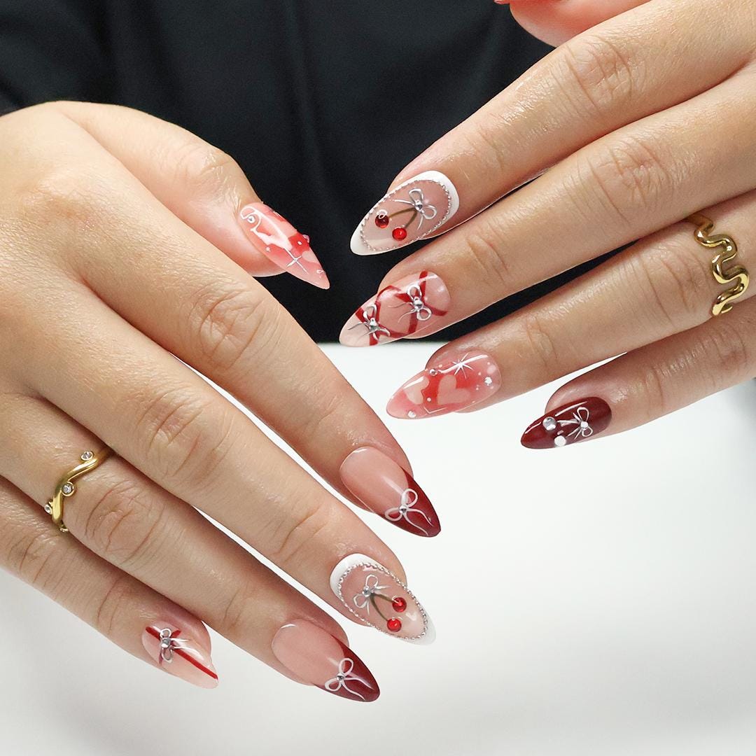 Blush Pink and Burgundy Cherry Nail Set with Silver Bows and Heart Details