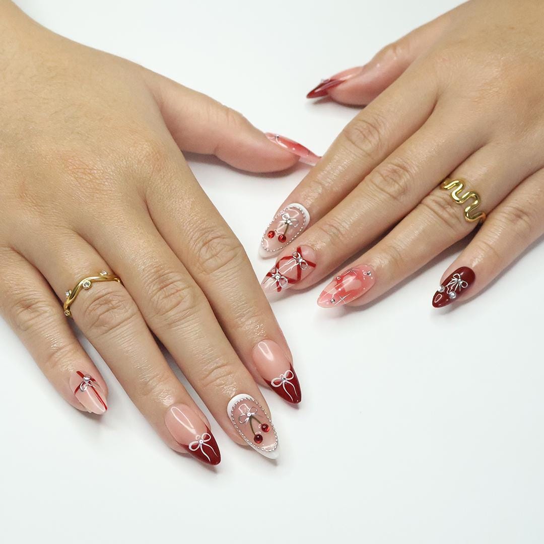Blush Pink and Burgundy Cherry Nail Set with Silver Bows and Heart Details