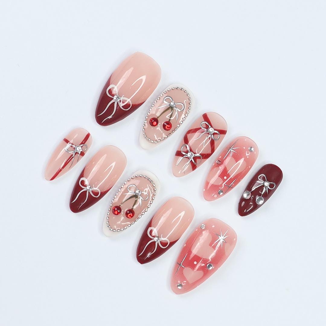 Blush Pink and Burgundy Cherry Nail Set with Silver Bows and Heart Details