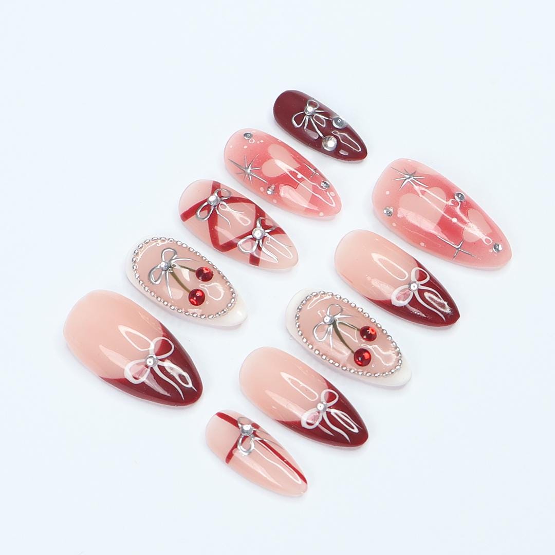 Blush Pink and Burgundy Cherry Nail Set with Silver Bows and Heart Details