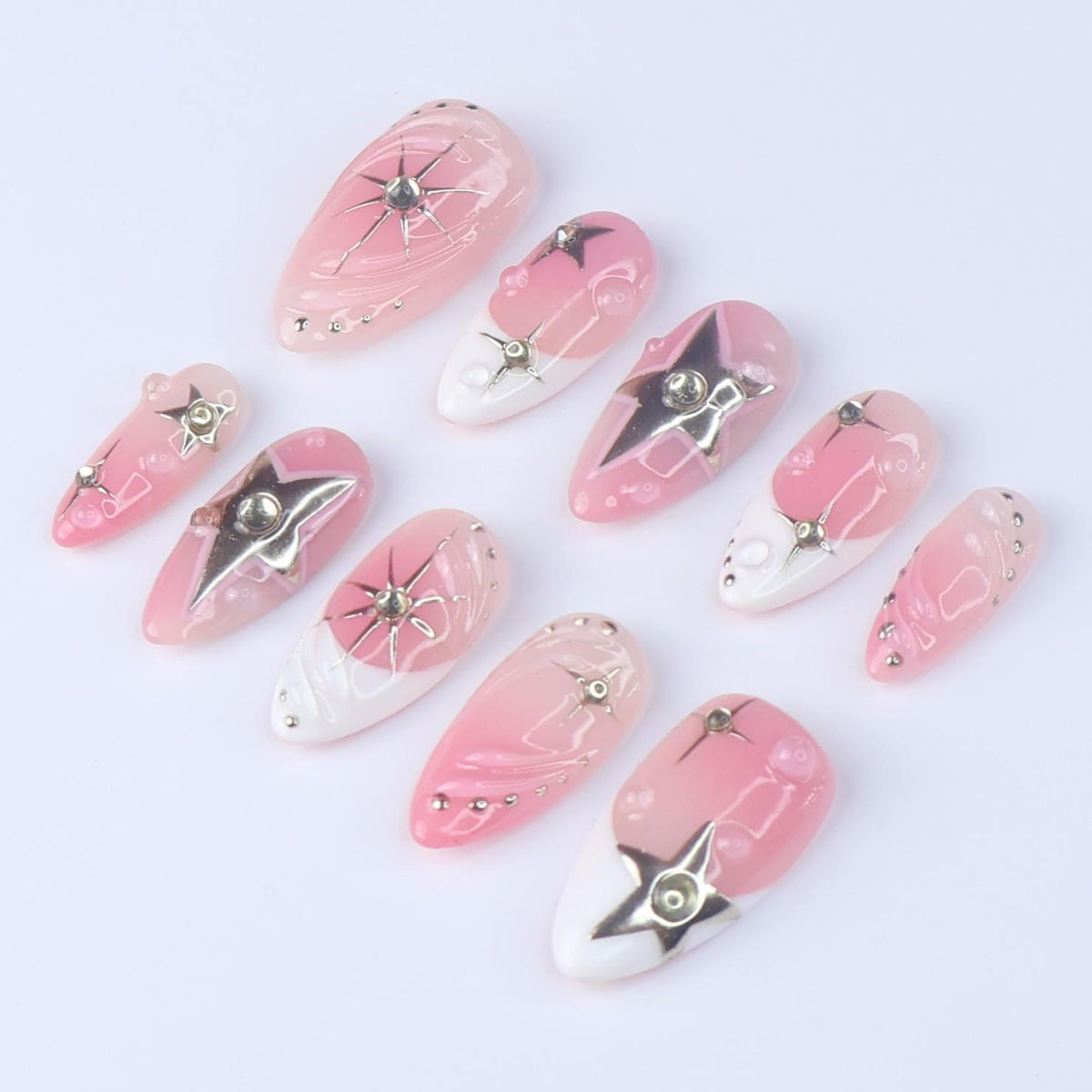Pink Ombré French Tip Nails With Silver Stars And Shooting Star Details