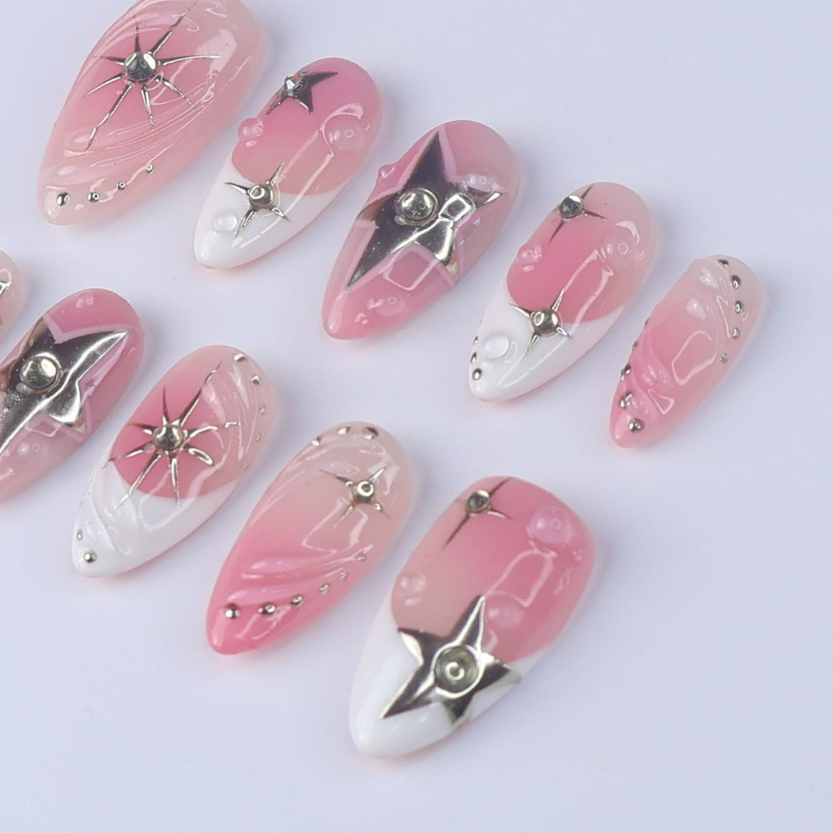 Pink Ombré French Tip Nails With Silver Stars And Shooting Star Details