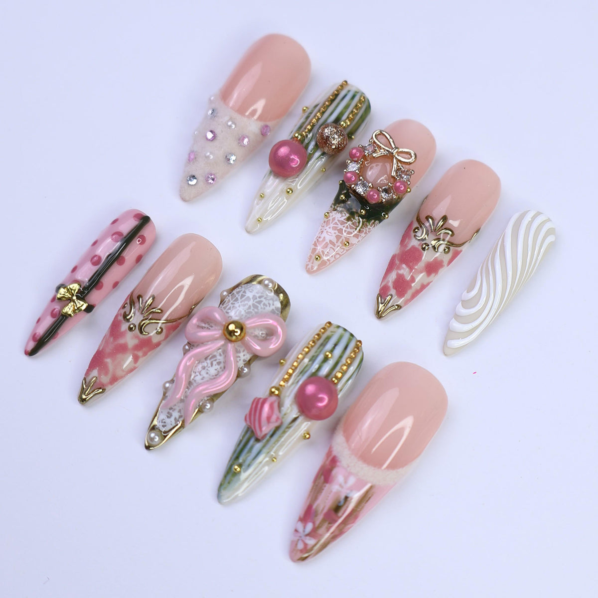 Blush Pink Christmas Nails With 3D Bows, Pearls and Gold Details