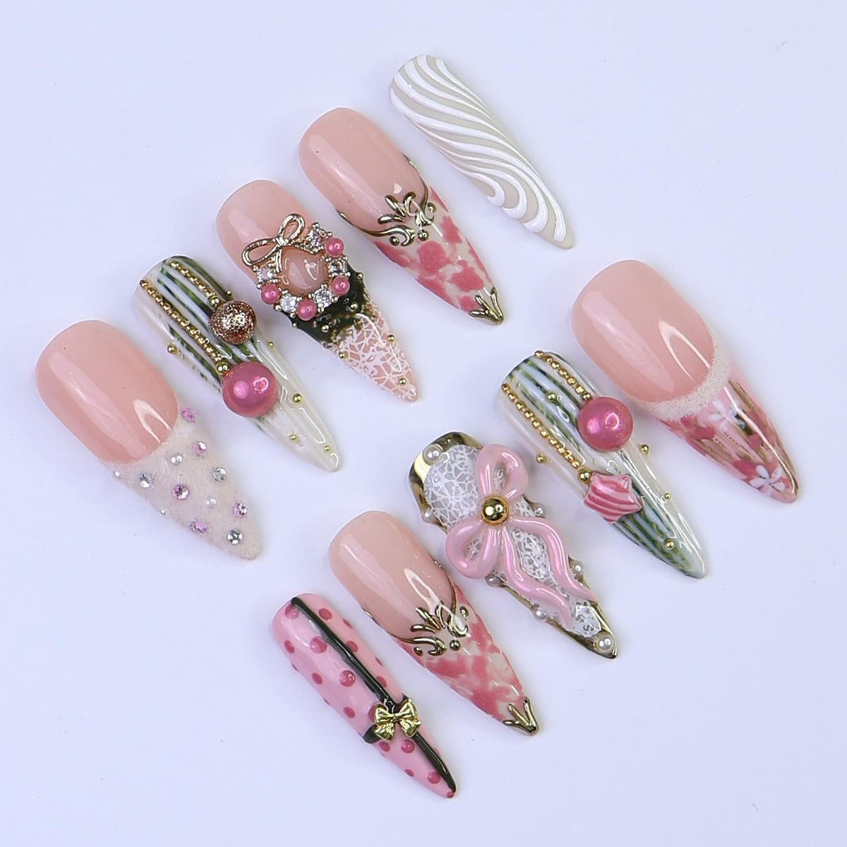 Blush Pink Christmas Nails With 3D Bows, Pearls and Gold Details