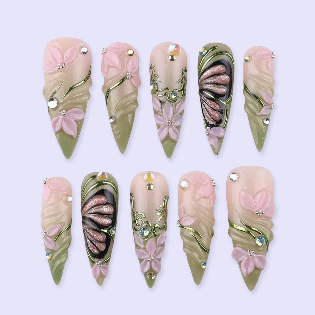 Spring Floral Press On Nails with Nude Pink, Green Swirls and Butterfly Accents