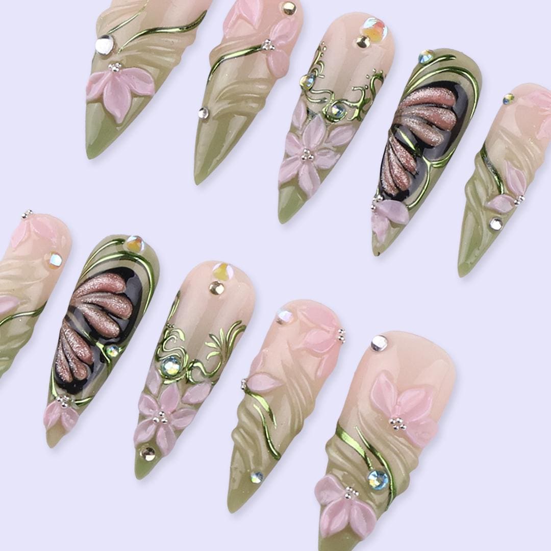 Spring Floral Press On Nails with Nude Pink, Green Swirls and Butterfly Accents