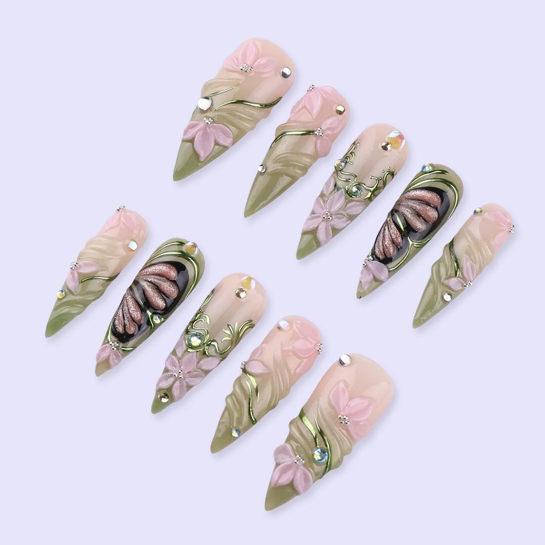 Spring Floral Press On Nails with Nude Pink, Green Swirls and Butterfly Accents