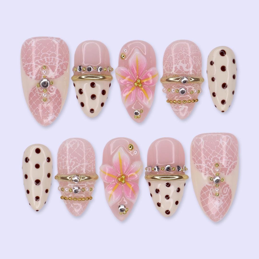 Coquette Spring & Summer Blush Pink Lace Floral Press On Nails With Burgundy Polka Dots and Gold Chrome