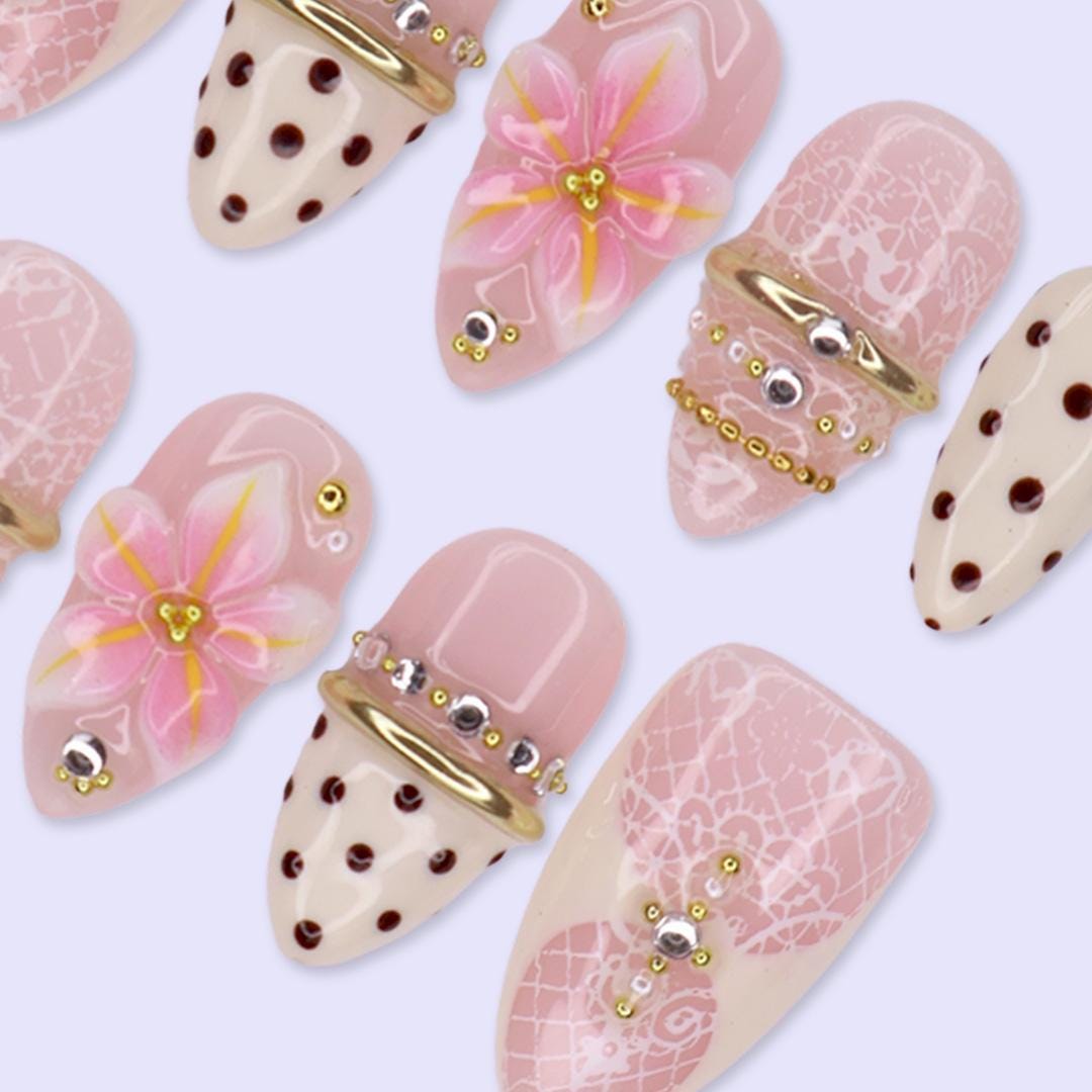Coquette Spring & Summer Blush Pink Lace Floral Press On Nails With Burgundy Polka Dots and Gold Chrome