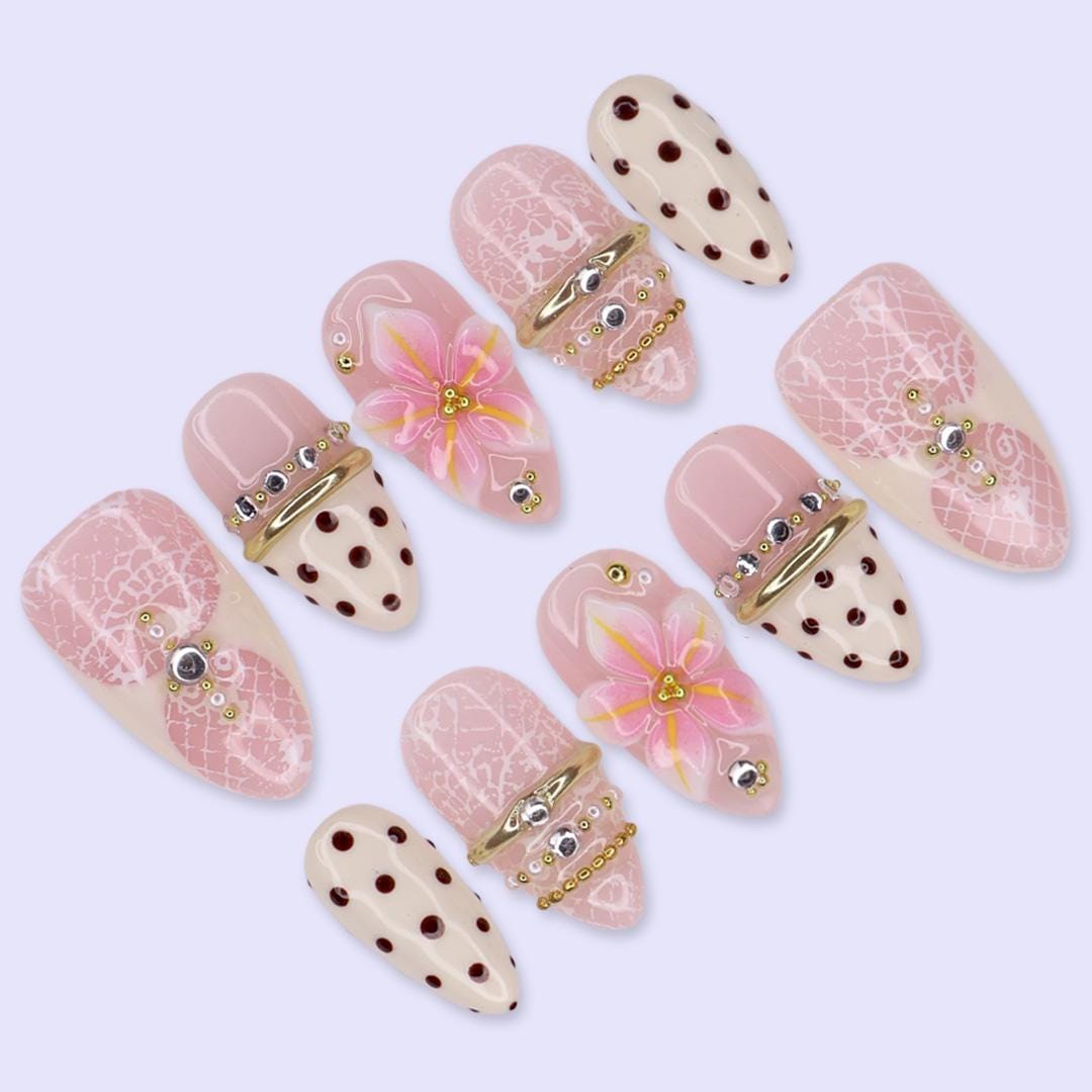Coquette Spring & Summer Blush Pink Lace Floral Press On Nails With Burgundy Polka Dots and Gold Chrome