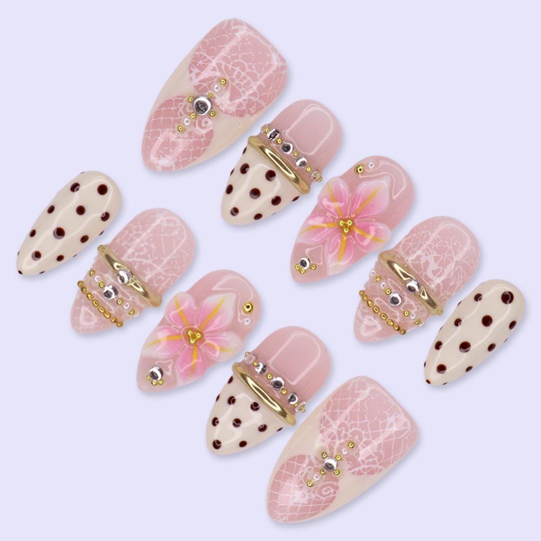 Coquette Spring & Summer Blush Pink Lace Floral Press On Nails With Burgundy Polka Dots and Gold Chrome