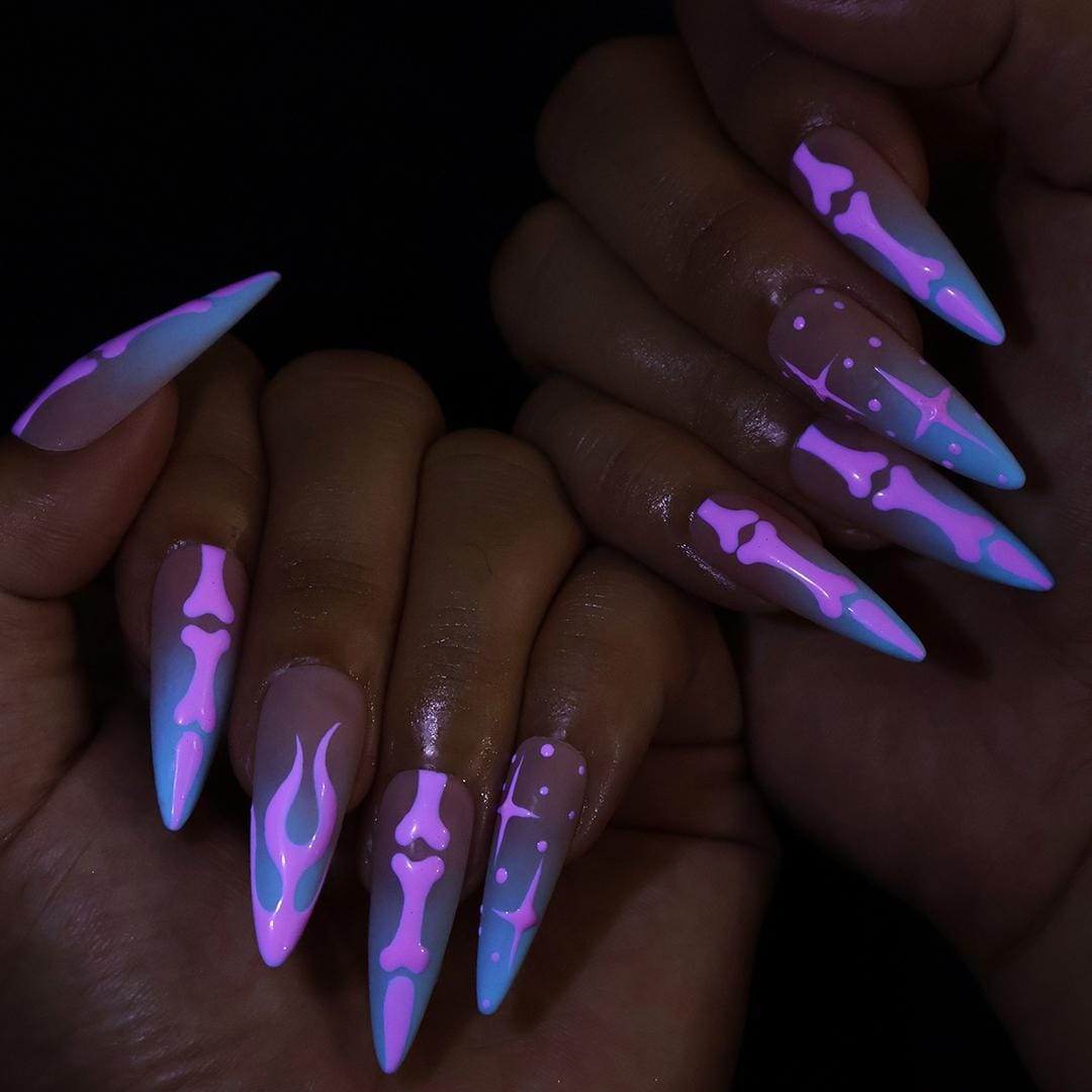 Halloween Pink Skeleton Bones and Stars on Nude Pink to Blue Ombré Nails