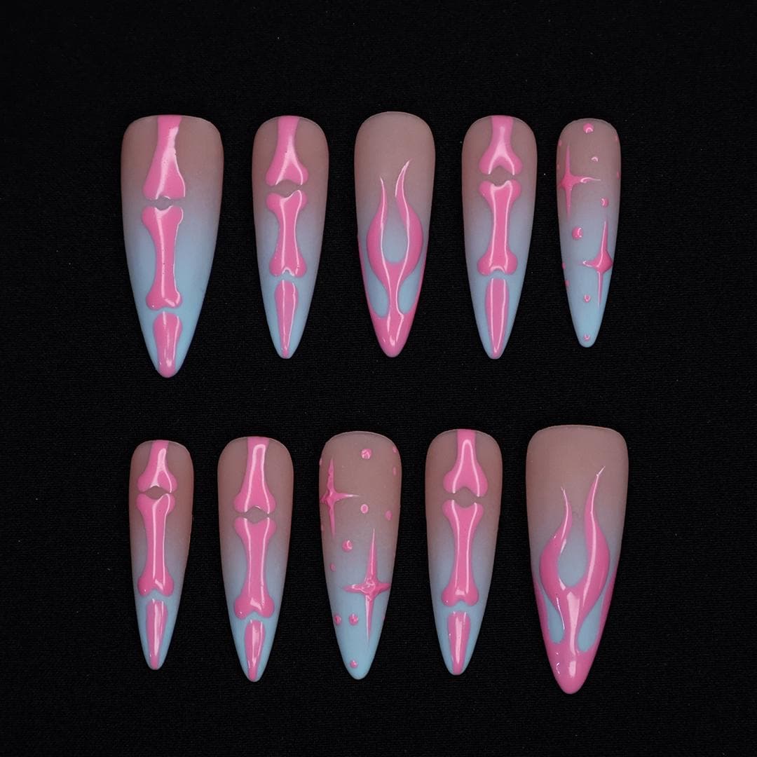 Halloween Pink Skeleton Bones and Stars on Nude Pink to Blue Ombré Nails