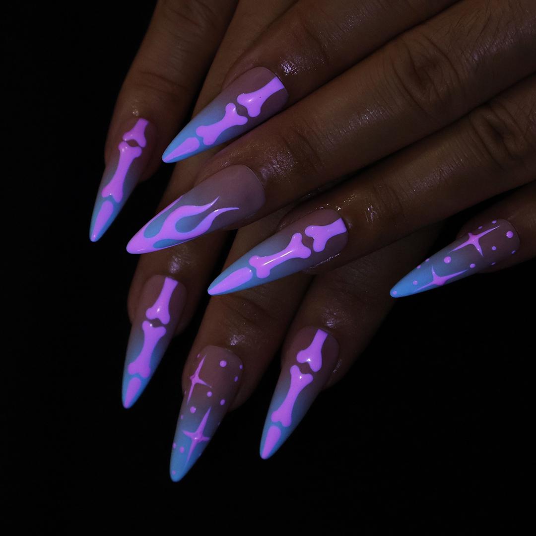 Halloween Pink Skeleton Bones and Stars on Nude Pink to Blue Ombré Nails