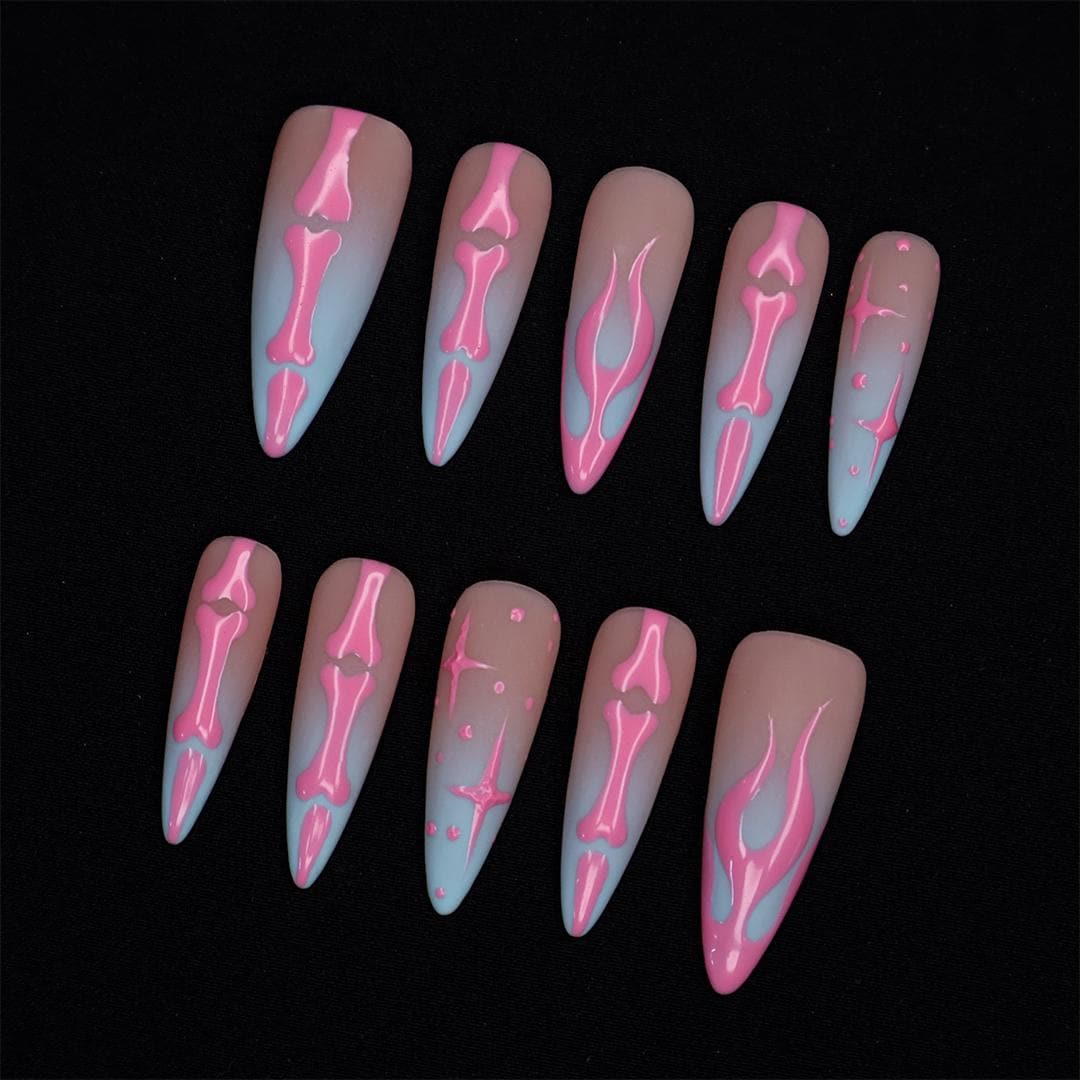 Halloween Pink Skeleton Bones and Stars on Nude Pink to Blue Ombré Nails