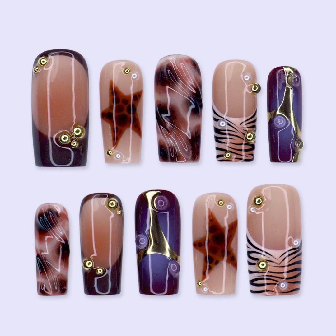 Fall Plum and Brown Animal Print Press On Nails with Gold Accents