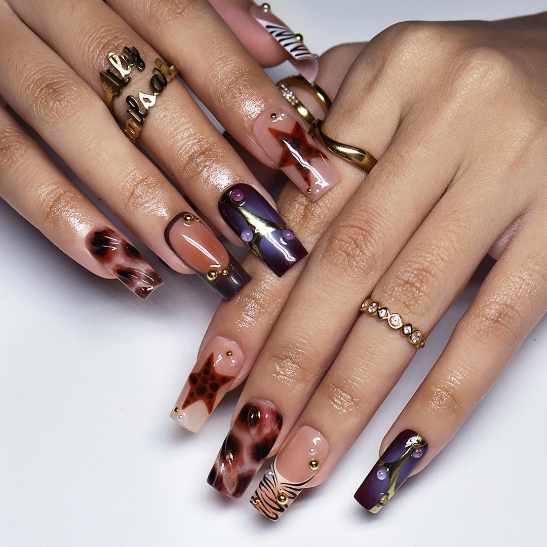 Fall Plum and Brown Animal Print Press On Nails with Gold Accents