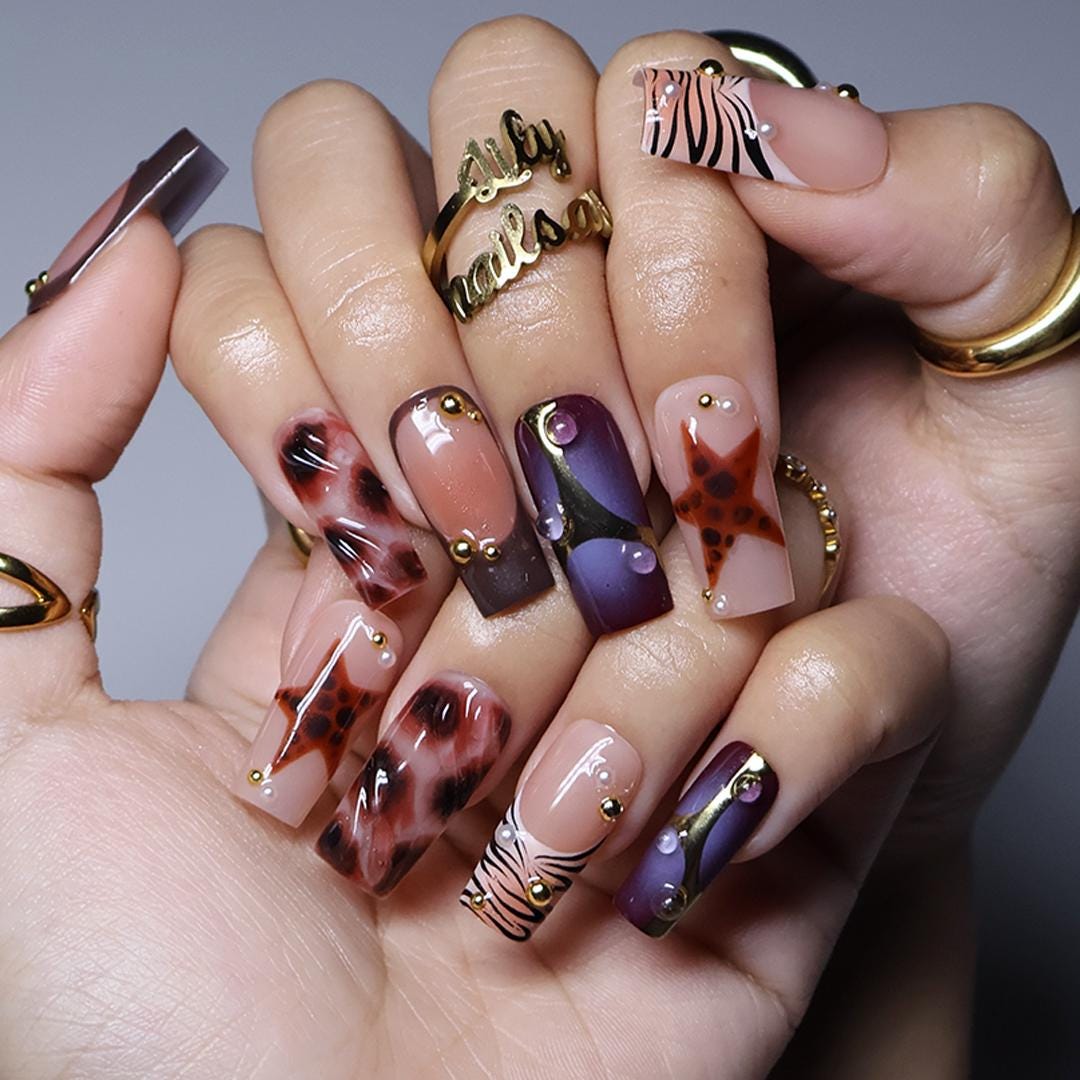 Fall Plum and Brown Animal Print Press On Nails with Gold Accents