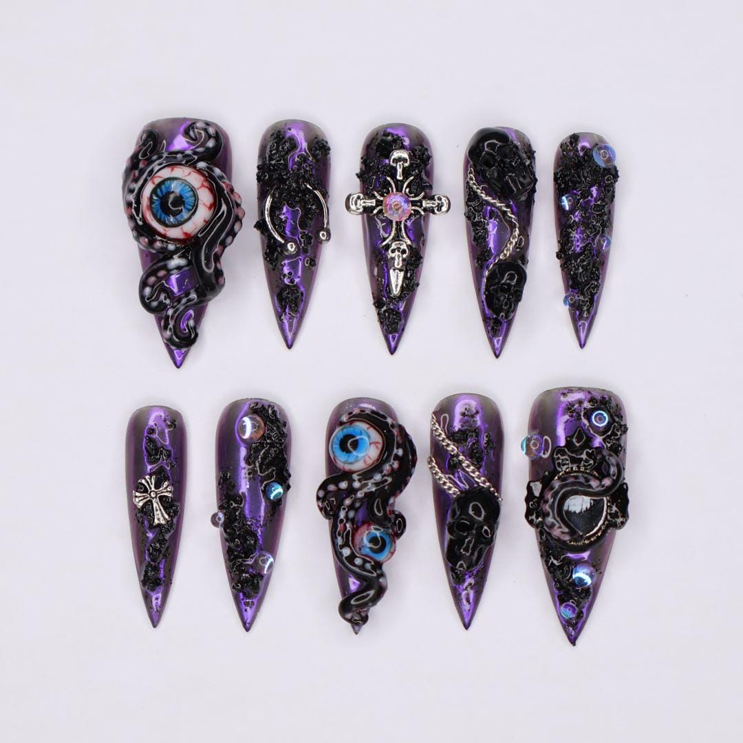 Purple and Black Tentacle Eye Halloween Press-On Nail Set With Cross Charm