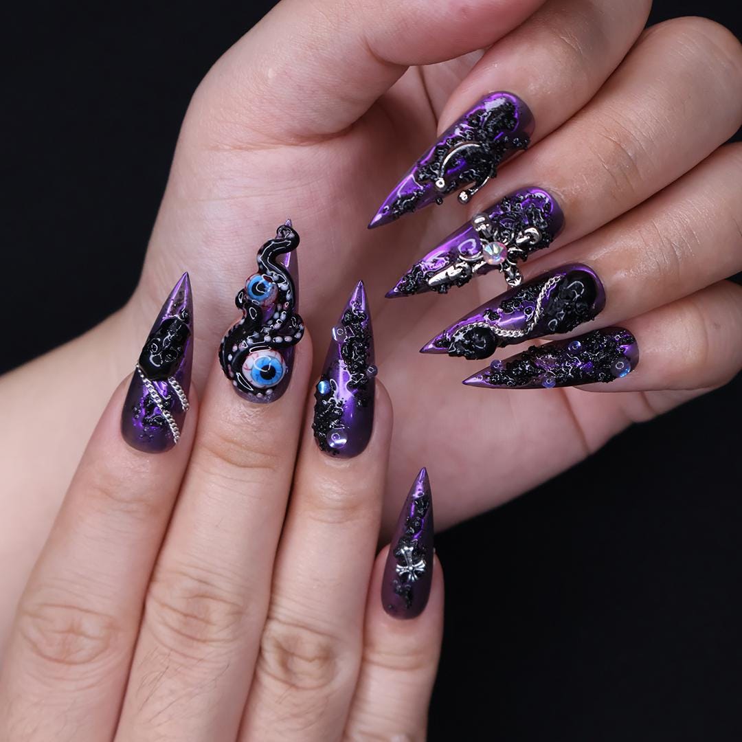 Purple and Black Tentacle Eye Halloween Press-On Nail Set With Cross Charm
