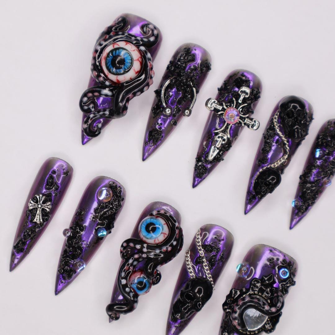 Purple and Black Tentacle Eye Halloween Press-On Nail Set With Cross Charm