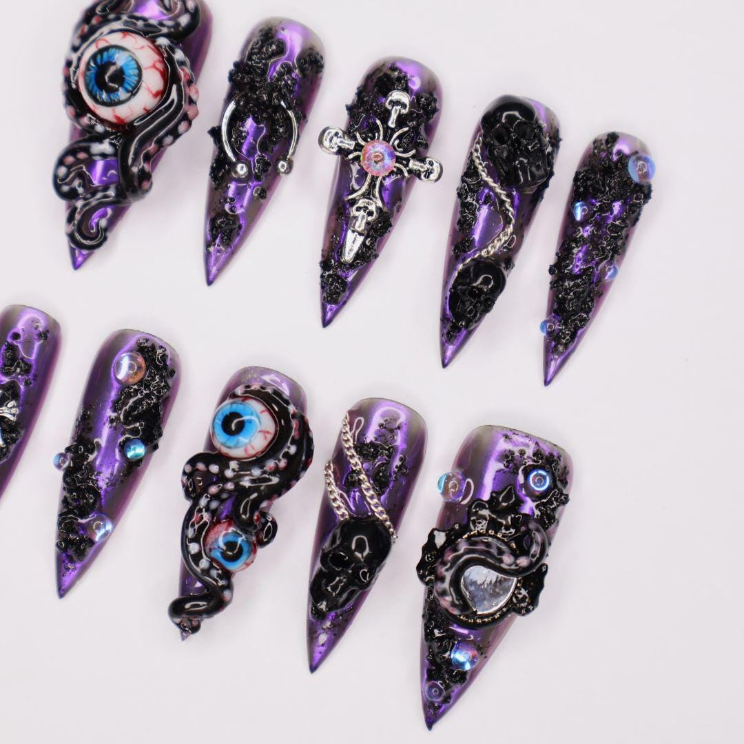 Purple and Black Tentacle Eye Halloween Press-On Nail Set With Cross Charm