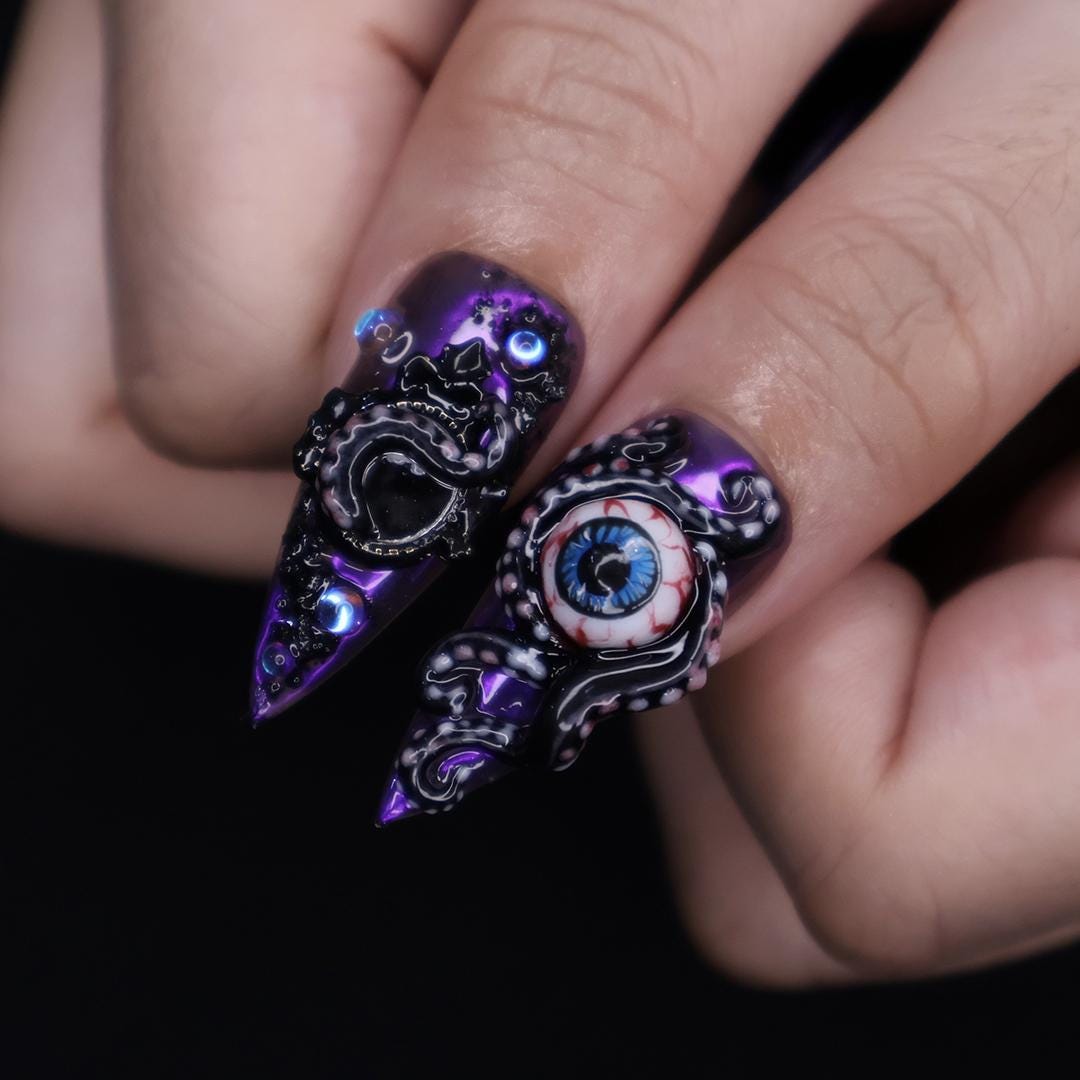 Purple and Black Tentacle Eye Halloween Press-On Nail Set With Cross Charm