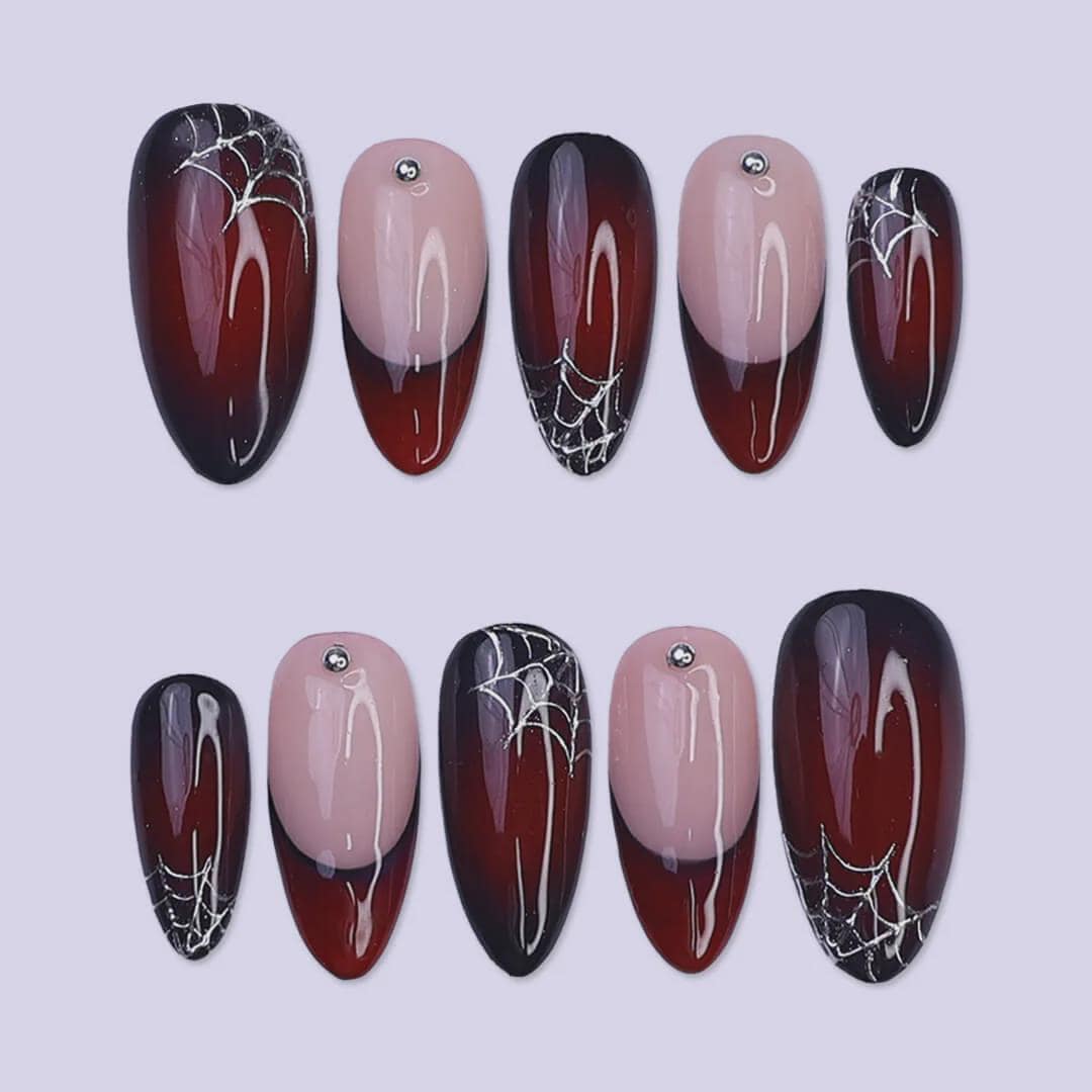 Halloween Spiderweb Nails With Red Ombre, Silver Webs & Rhinestone Accents