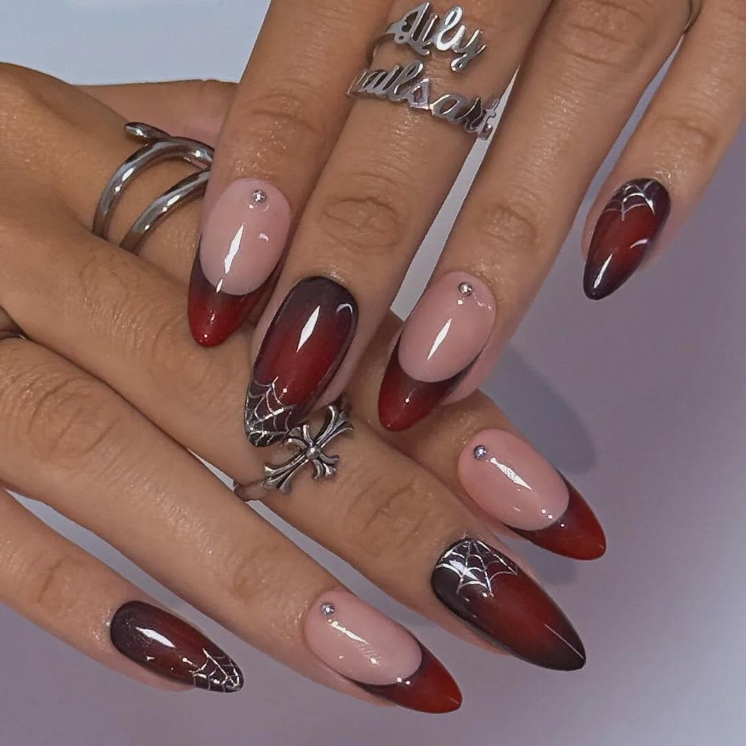 Halloween Spiderweb Nails With Red Ombre, Silver Webs & Rhinestone Accents