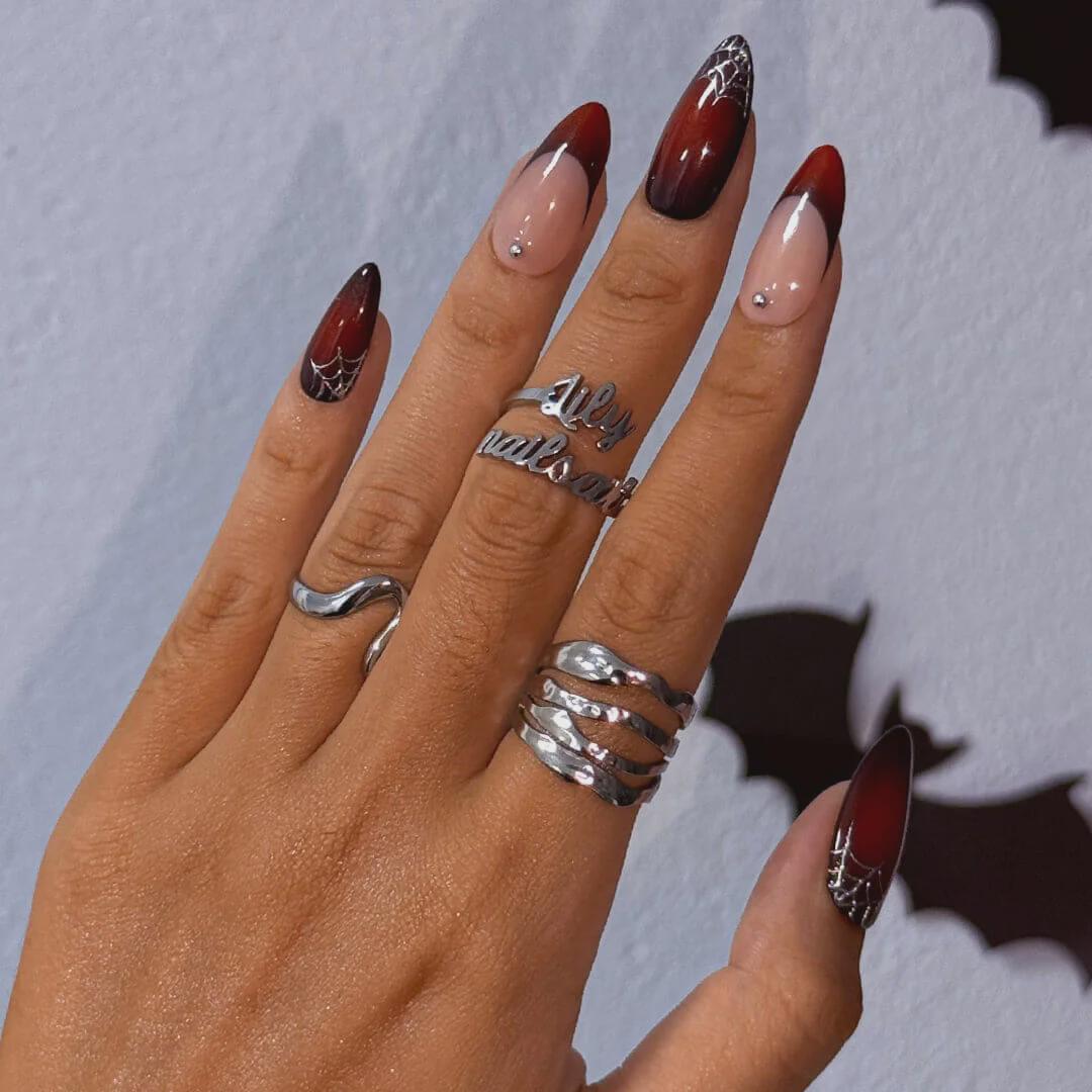 Halloween Spiderweb Nails With Red Ombre, Silver Webs & Rhinestone Accents