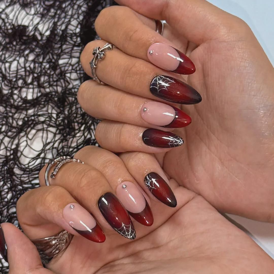Halloween Spiderweb Nails With Red Ombre, Silver Webs & Rhinestone Accents