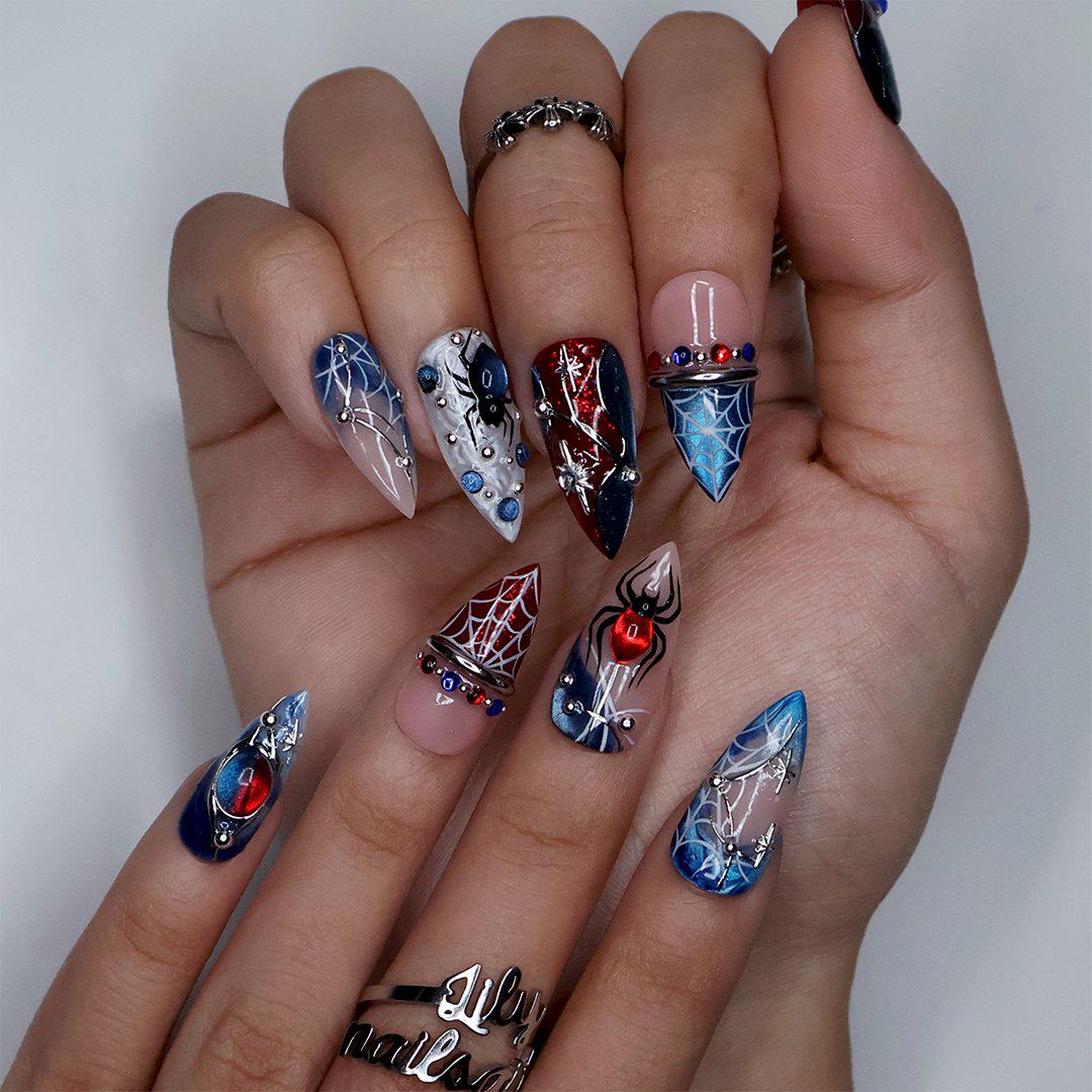 Red, Navy, and Nude Spiderweb Halloween Nail Set With 3D Spiders